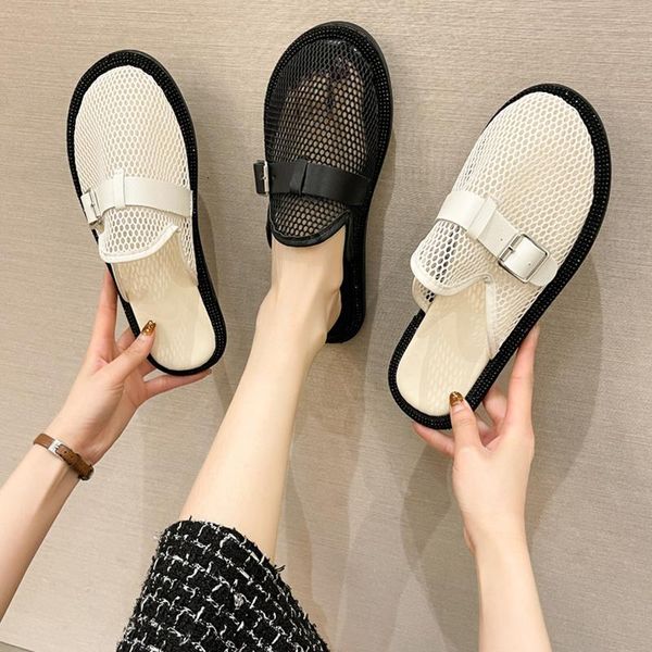 

flat shoes female slippers casual mules for women 2021 low loafers fretwork heels pantofle slides cover toe luxury pu rubber, Black