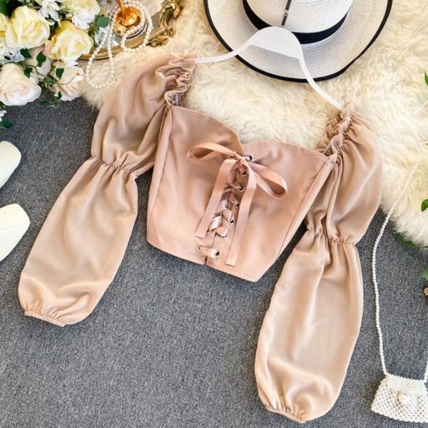 

women's knits & tees spring autumn female square collar long puff sleeve shirt solid color short blouse shirts pullover jw940, White