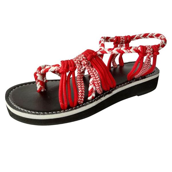 

fashion summer women non-slip outdoor round toe rope cross flat woven matching sandals rom style beach shoes, Black