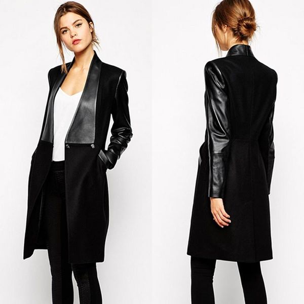 

women's leather & faux pu stitching turn-down collar slim black coat office lady long-sleeved woolen single breasted button pocket deco