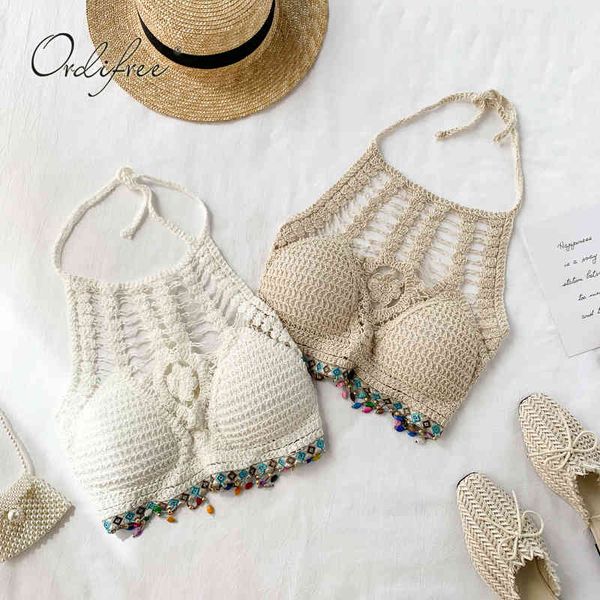 

summer women knitted rank halter camisole beading boho beach brallete 210415, White