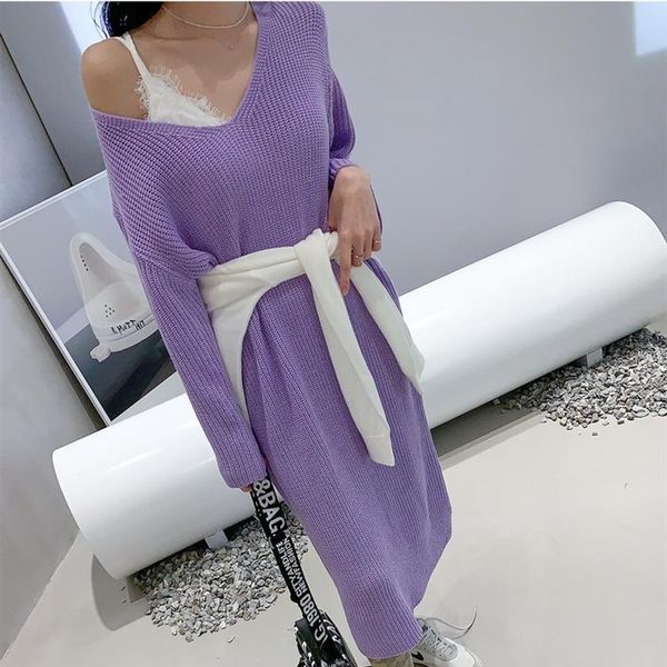 

winter women sweater dresses elegant lady korean fashion loose knitted dress casual long sleeve warm pullover female, Black;gray