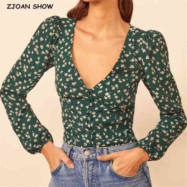 

vintage france style green floral print shirt women center buttons v neck slim fit blouse cropped 210429, White