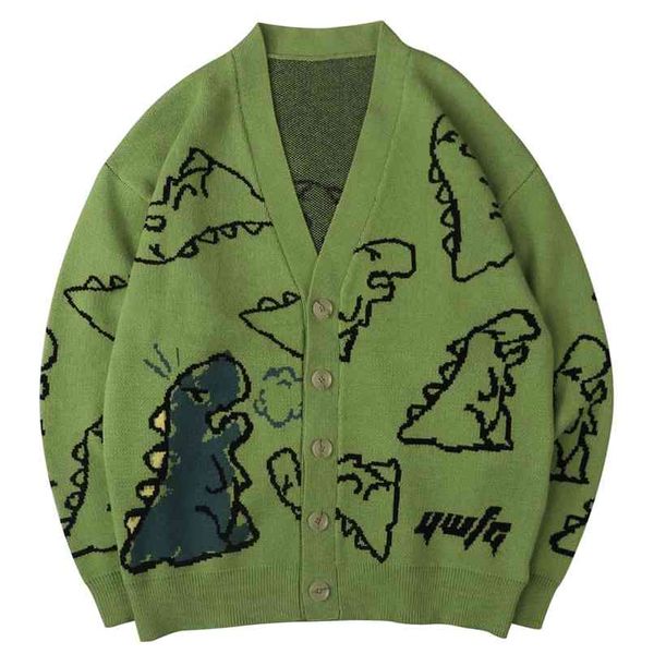 

hip hop mens knitted sweater doodle dinosaur pattern harajuku oversize streetwear loose cardigan pullover men women coat 210809, White;black
