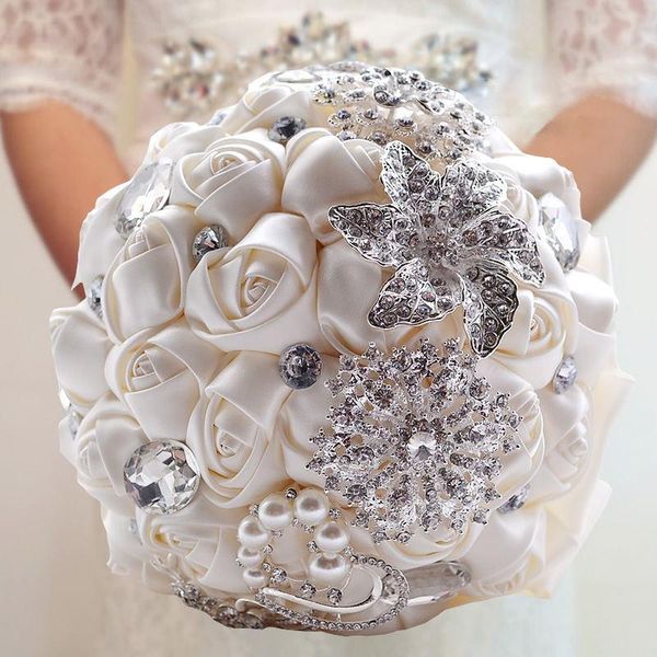 

romantic bride holding bouquet wedding fake flowers rose silk with crystal decorative & wreaths