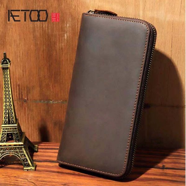 

retro crazy horse leather long wallet men's business cowhide zipper bag multi-card pocket wallets, Red;black