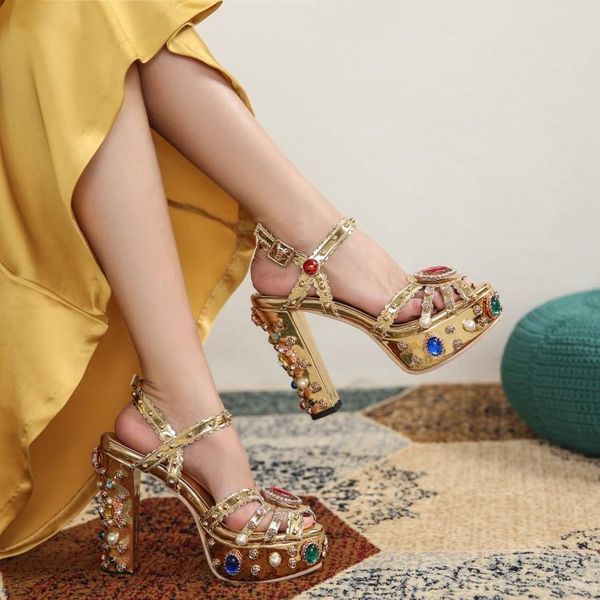 

sandals gold leather women platform block stylish prom party stilettos pearl colorful crystal high heels lady sandalias femmes, Black