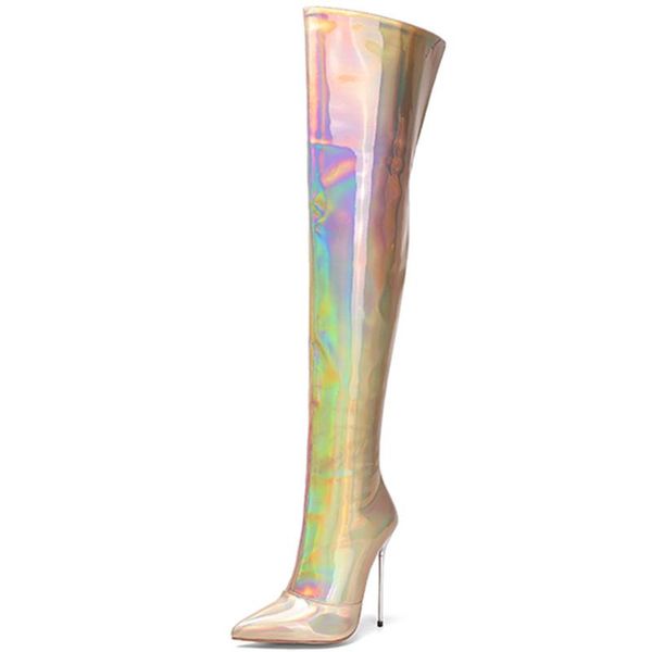 

boots luxury nightclub laser patent leather women's high pointed toe zipper party ladies fall/winter over-the-knee, Black