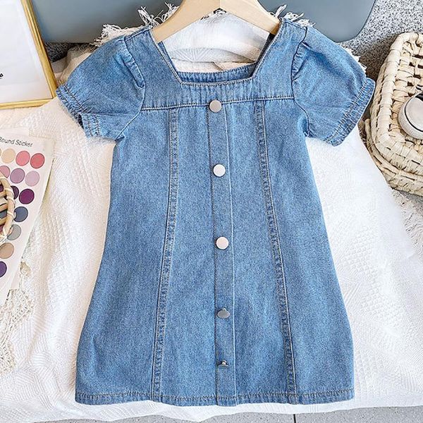 

solid color single-breasted children's dress summer short-sleeve denim casual kid clothes girl 3-7y girl's dresses, Red;yellow