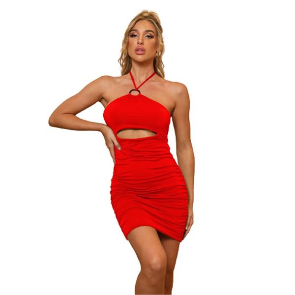 

summer slim ruched mini dress women red black hollow out halter party bodycon nightclub vestidos casual dresses, Black;gray