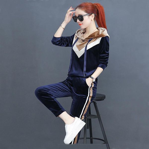

women's tracksuits spring / fall brand velvet fabric velour women track hoodies and pants sapphire kyliejenn 1jui, Gray