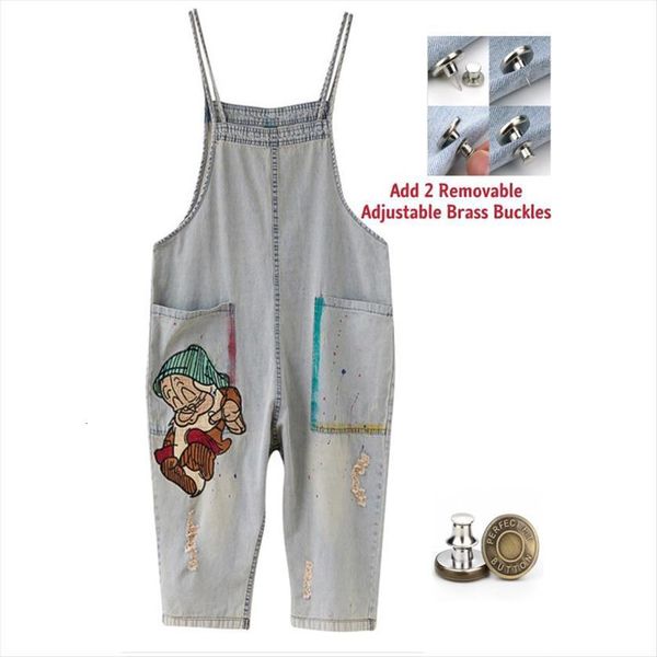 

strap spring and summer womens jeans loose cartoon embroidery ripped overalls washed large size wide leg pants jumpsuit, Blue