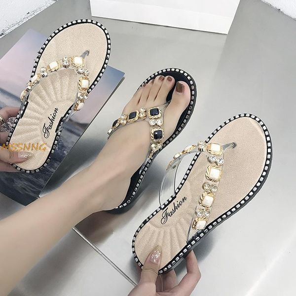 

slippers 2021 summer women's fashion crystal flat solid flip flops outdoor comfortable anti slip, Black