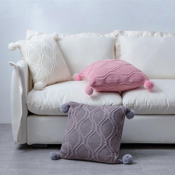 

cushion/decorative pillow soft knit cuhion cover 45x45cm solid cove pink gray white pompom tassels home decoration case square for sofa bed