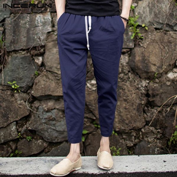 

men's pants incerun men casual joggers drawstring retro solid cotton streetwear long straight 2021 leisure trousers s-5xl 7, Black