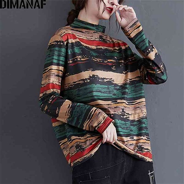 

dimanaf plus size women t-shirt long sleeve tunic tee vintage print cotton knitting loose winter tshirt thin women clothing 210330, White