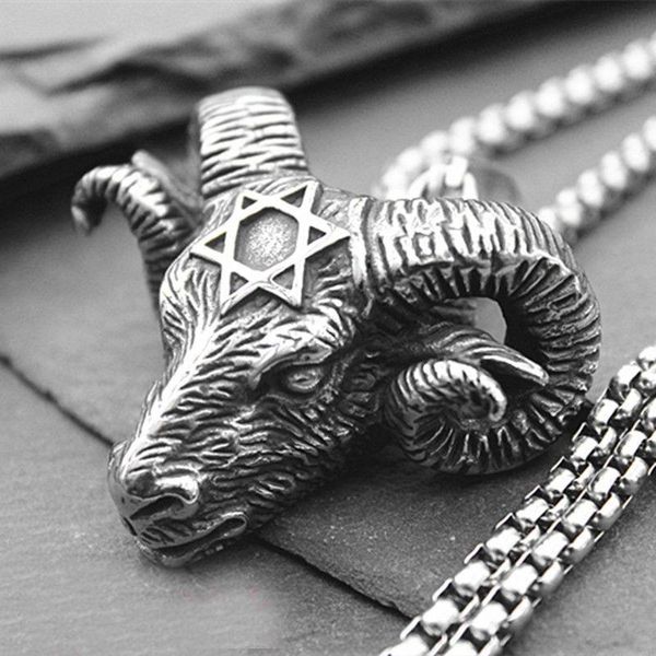 

chains retro trend six-pointed star satan ram head pendant men's necklace hip-hop domineering jewelry accessories, Silver