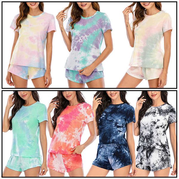 Tie-dye Pyjamas für Frauen Nachtwäsche Sets Kurzarm und Shorts Pyjamas Komfort Pijama Mujer Casual Pijamas Feminino X0526