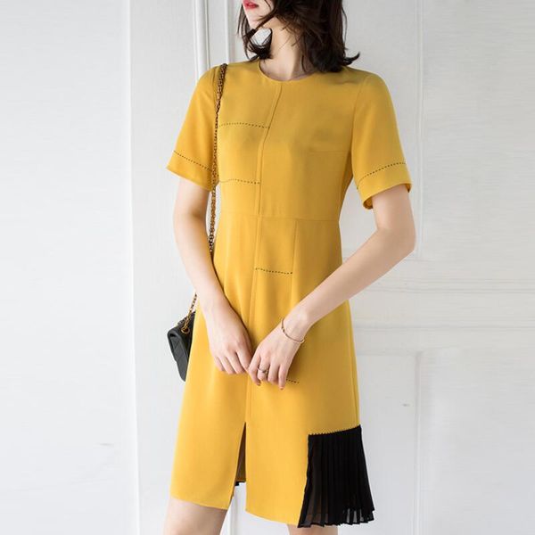 

l80554# new summer women fashion dress short sleeve color block front slit lady chiffon splice casual dress with pockets yellow  l, Black;gray