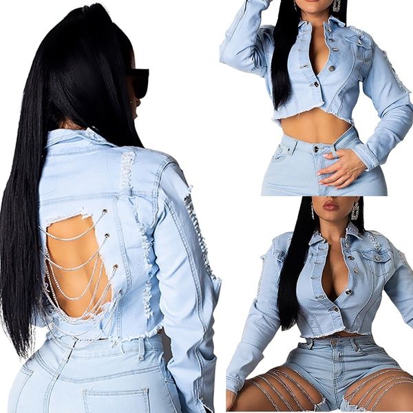 

women's fashion long sleeve buttoned halter washed chain short destroyed denim jacket for women s-3xl, Black;brown