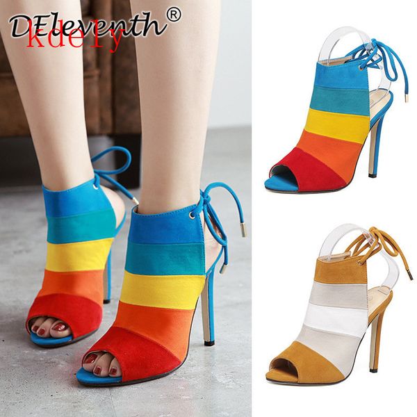 

sandals women bandage flock cross strap lace up high heels 10cm sandal femme fashion mixed colors summer shoes 4o5s, Black