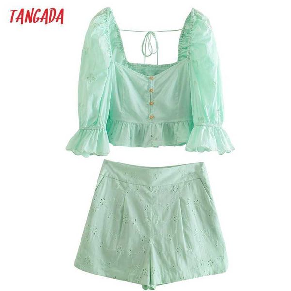 

tangada summer women tracksuit two piece set retro green emboridery crop shirt and shorts je72 210609, White