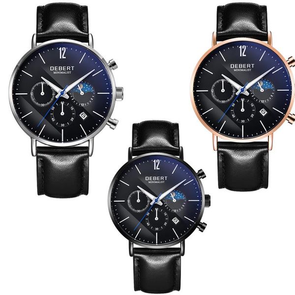 

wristwatches 41 mm moon phase watch debert men's fashion automatic quartz waterproof 316l stainless steel case leather strap, Slivery;brown