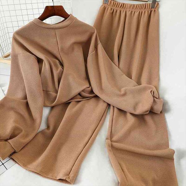 

spring and autumn loose short womens tracksuits knitwear high waist wide leg pants two piece women casual knitting trousers, Gray