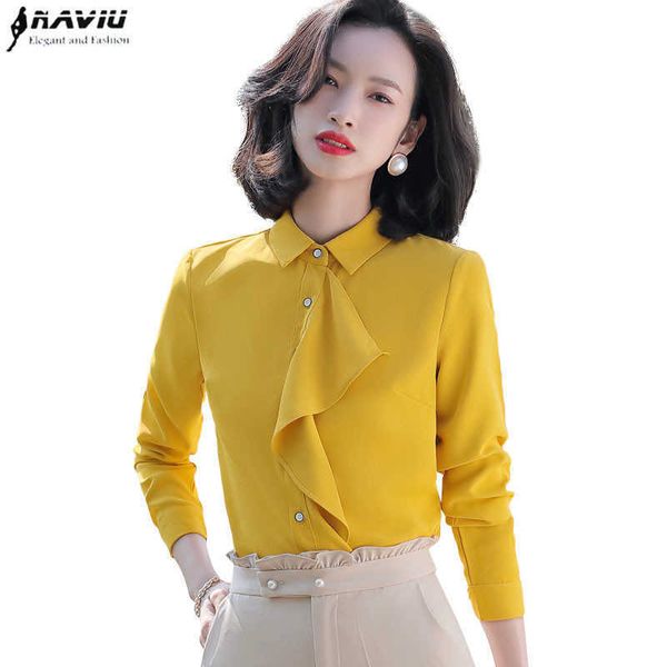 Camisa de Chiffon Amarelo Mulheres Primavera Formal Manga Comprida Bubses Blusas Escritório Senhora Uniforme 210604