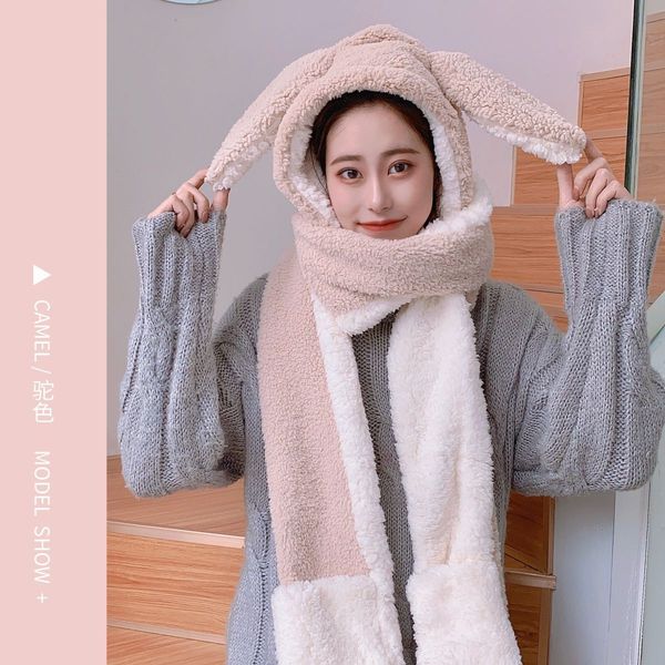 

girl student scarf gloves with hat three piece long ears lovely rabbit warm plush set thick, Blue;gray
