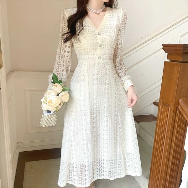 

casual dresses french fairy elegant women korean long sleeve v-neck evening party vintage female autumn v3v9, Black;gray