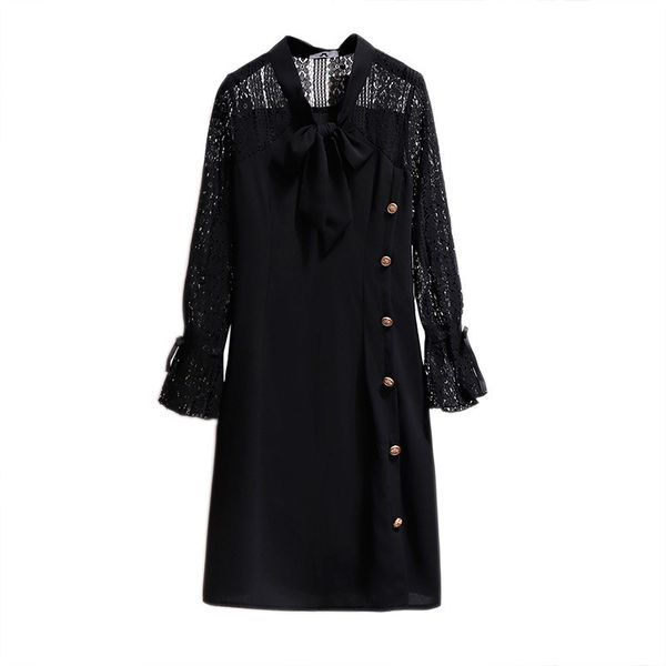 

casual dresses black lace patchwork long sleeve dress bow collar spring and autumn vintage hollow out up plus size for women czyz, Black;gray