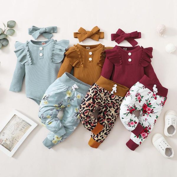 

clothing sets born baby solid color girls long-sleeved jumpsuit with color-block printing multicolor leopard trousers + bow headdress set, White