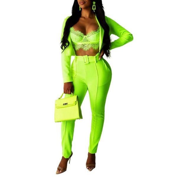 

two piece dress 2pcs/set office lady solid color long sleeve short blazer belted suit pants, White