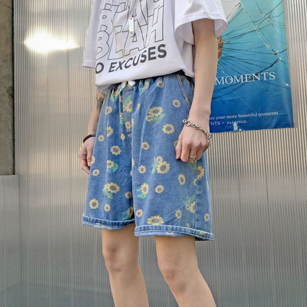 

shorts summer flower men's fashion print casual men streetwear korean loose wide-leg denim shorts mens s-3xl, White;black