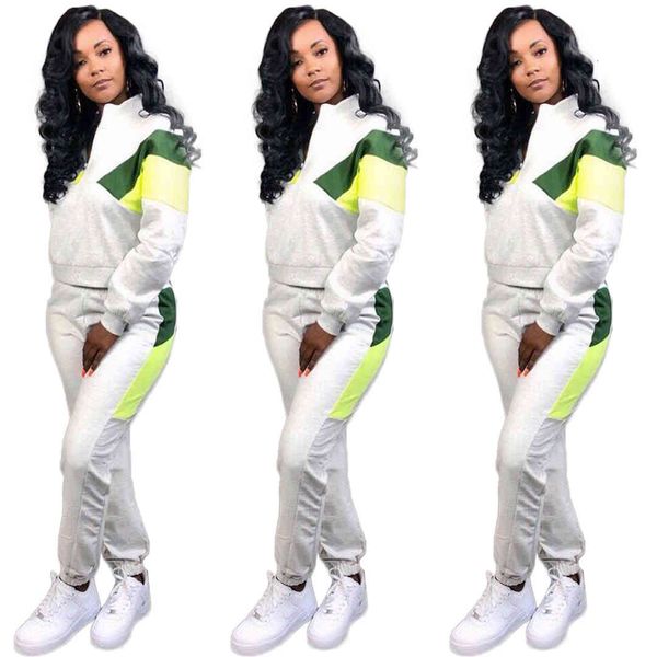 

women tracksuits colors spliced sleeves t shirt long pants loose leisure sports two pieces outfits high quality, Gray