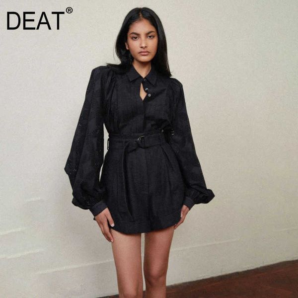 

[deat] lapel solid pleated embroidery splicing bandage waist cotton shirt high linen shorts suit women summer 210527, White