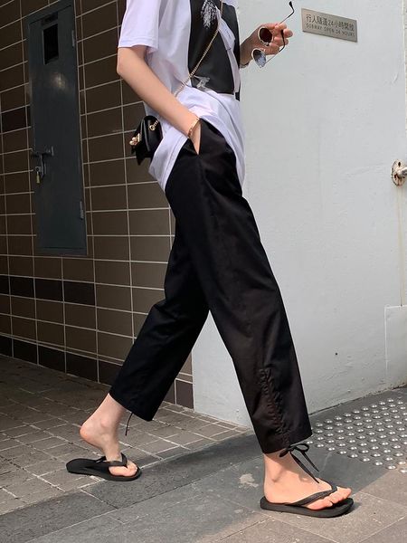 

women's pants & capris long pant trousers buttons loose black high waist straight pocket hem strings, Black;white