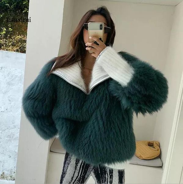 

casual temperament coat for women lapel long sleeve patchwork loose white plush large size coats female winter women's jackets, Black;brown