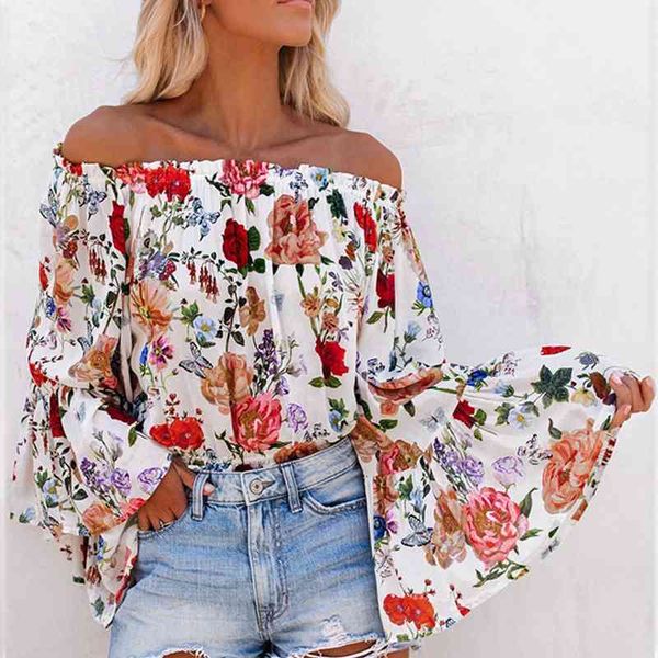 

women autumn spring floral print blouse summer off shoulder chiffon long sleeve blouse clothes shirts, White