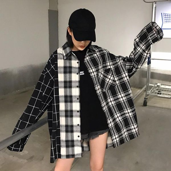 

women's blouses & shirts oversized plaid patchwork women vintage streetwear boyfriend shirt ladies harajuku long sleeve fashion 2021 b, White