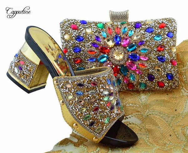 

excellent gold lady high heel shoes and handbag set with colorful rhinestones fgt004 height 7cm dress, Black