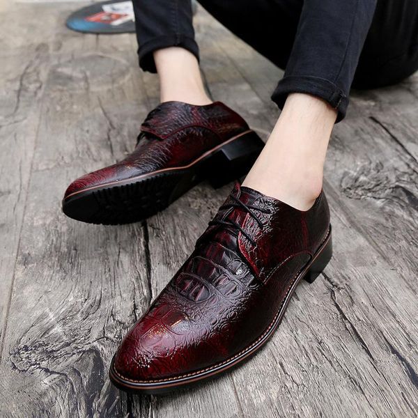 

men crocodile dress leather shoes lace-up wedding party mens business office oxfords flats plus size fashion, Black