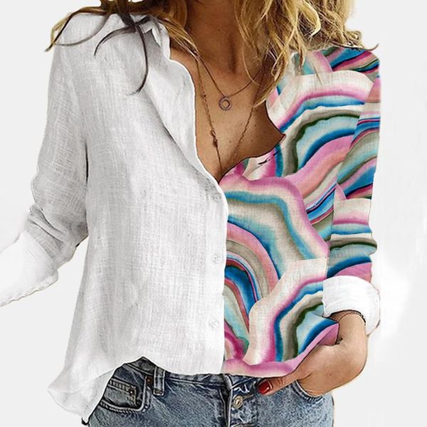 

women's blouses & shirts women casual lapel printed loose button tunic shirt blouse color gradient print long sleeved chemise femme, White