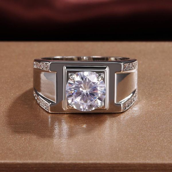 

luxury male ring 925 sterling silver 8mm lab diamond engagement jewelry wedding rings for men finger with stamp cluster, Golden;silver