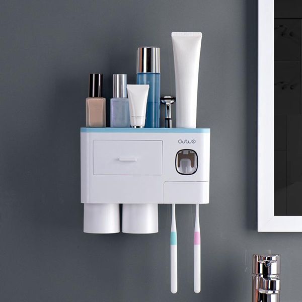 

bath accessory set punch-wall mounting toothbrush holder automatic toothpaste squeezer bathroom rack organizer drawer