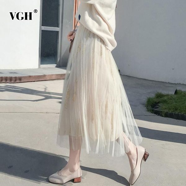

skirts vgh spring sweet women skirt high waist mesh perspective sequin a-line mid-calf female 2021 fashion korean tide, Black