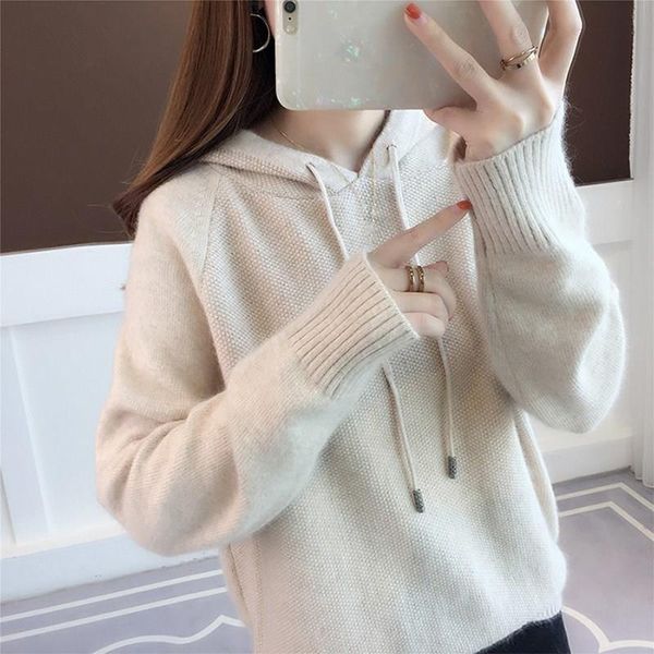

women's hoodies & sweatshirts women solid knitted hooded 2021 autumn winter korean long sleeve casual sweatshirt female oversize, Black