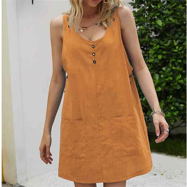 Frauen Vintage Gerade Kleid Sommer frauen Ärmellose Weste Außenverschleiß Slim Casual Mini Baumwolle Leinenkleider 210508