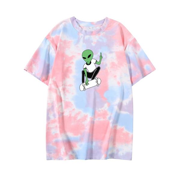 

women's t-shirt tie dye women cartoon skateboard alien printing pattern summer japanese korean harajuku style casual funny fashion, White